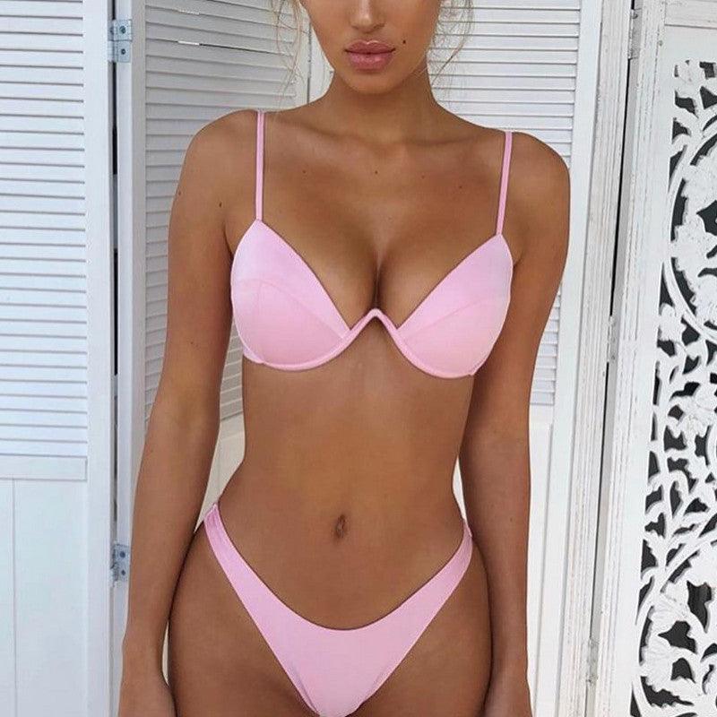 Push Up Unpadded Bikini Set Women 4 Colors Bandage Bikini Set Swimsuit Thong Bottom Swimwear Two Pieces Plain Bikini Bathing Suit Swimwear Bathing Stevvex
