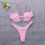 Push Up Unpadded Bikini Set Women 4 Colors Bandage Bikini Set Swimsuit Thong Bottom Swimwear Two Pieces Plain Bikini Bathing Suit Swimwear Bathing Stevvex
