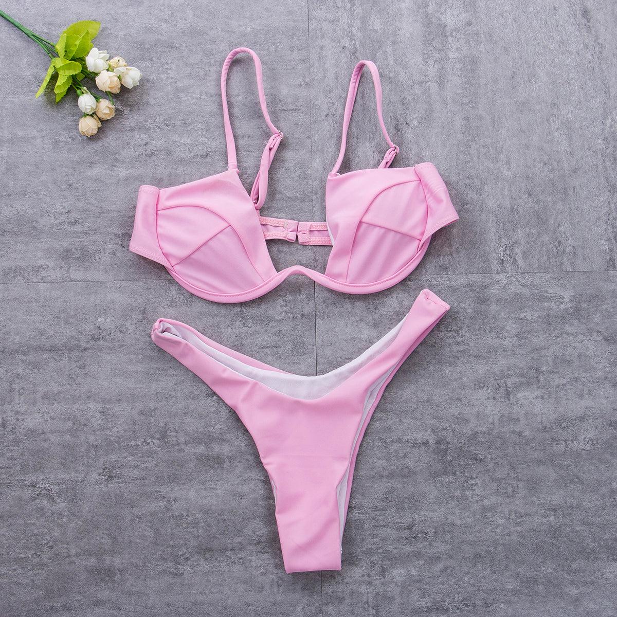 Push Up Unpadded Bikini Set Women 4 Colors Bandage Bikini Set Swimsuit Thong Bottom Swimwear Two Pieces Plain Bikini Bathing Suit Swimwear Bathing Stevvex