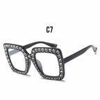 Oversized Sunglasses Square Diamond Sunglasses Women Retro Sunglasses Luxury & Diamond Square Shape Sunglasses For Women Branded Attractive Any Size Crystal Sun Glasses For Ladies Gradient Classic Mirror & Decent Shades