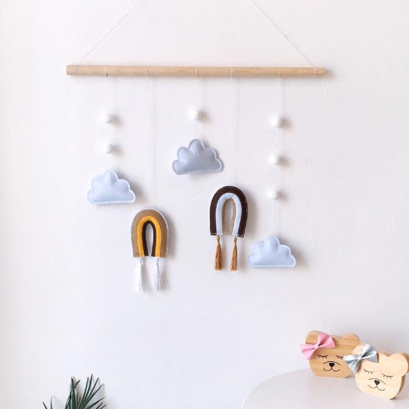 Nordic Healthier Style Cute Felt Clouds Shape Handmade Wall Hanging Fairy Tales Ornament Wooden Stick Tassel Pendant Hanging Ornaments For Kids Room Decoration Photography Props Stevvex