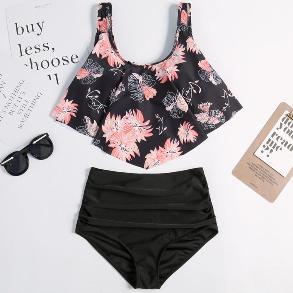 Women High Waist Bikini Plus Size Swimwear Summer Swimsuit Beach Bathing Suit Ruffle Bikini  Floral Printed Ruffle High Waist Bikini Set Women's Tummy Control Bathing Suit Swimsuit Flounce Peplum Stevvex