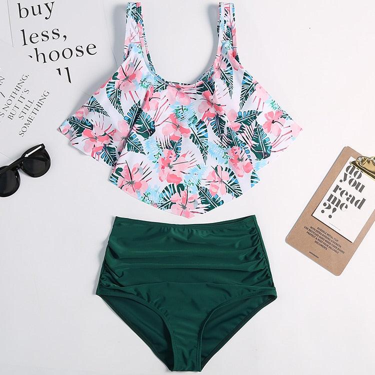 Women High Waist Bikini Plus Size Swimwear Summer Swimsuit Beach Bathing Suit Ruffle Bikini  Floral Printed Ruffle High Waist Bikini Set Women's Tummy Control Bathing Suit Swimsuit Flounce Peplum Stevvex