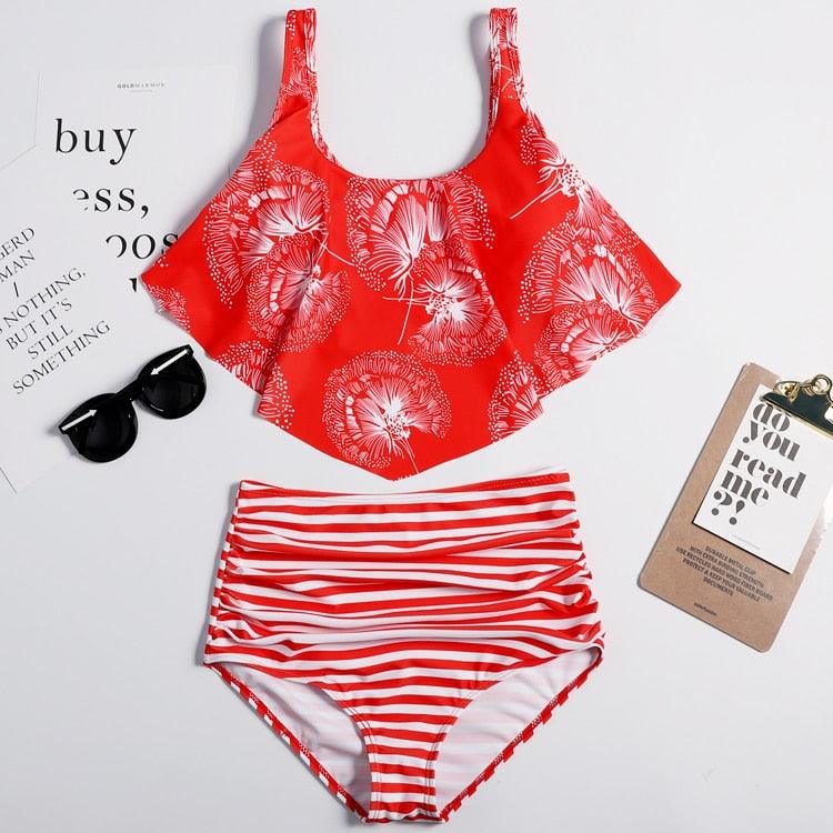 Women High Waist Bikini Plus Size Swimwear Summer Swimsuit Beach Bathing Suit Ruffle Bikini  Floral Printed Ruffle High Waist Bikini Set Women's Tummy Control Bathing Suit Swimsuit Flounce Peplum Stevvex