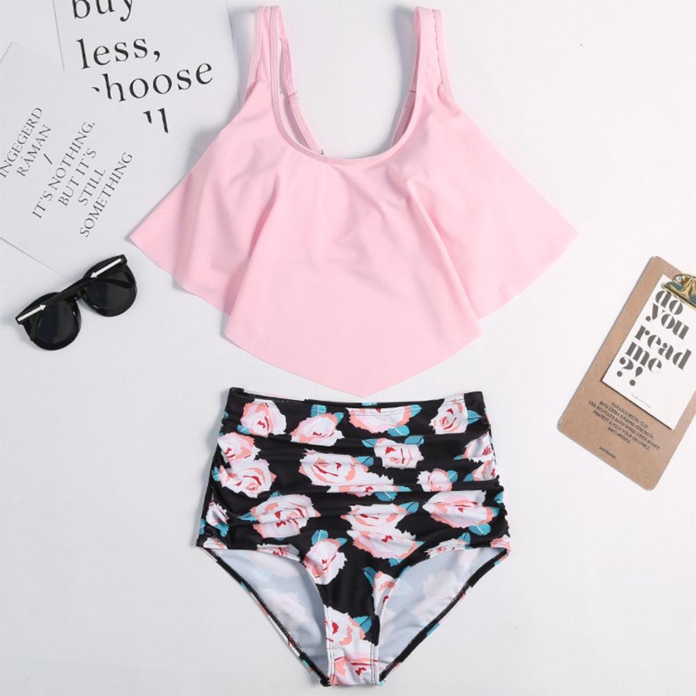 Women High Waist Bikini Plus Size Swimwear Summer Swimsuit Beach Bathing Suit Ruffle Bikini  Floral Printed Ruffle High Waist Bikini Set Women's Tummy Control Bathing Suit Swimsuit Flounce Peplum Stevvex