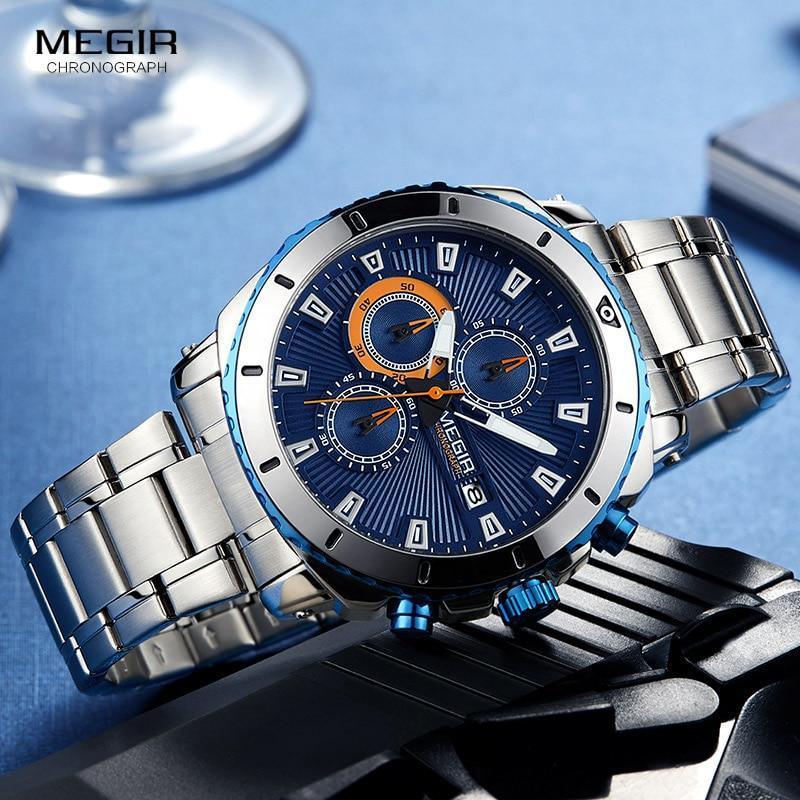 Luxury Men's Business Quartz Watches Blue Fashion Chronograph Elegant Stainless Steel Wristwatches For Man Stevvex