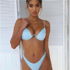 Push Up Unpadded Bikini Set Women 4 Colors Bandage Bikini Set Swimsuit Thong Bottom Swimwear Two Pieces Plain Bikini Bathing Suit Swimwear Bathing Stevvex