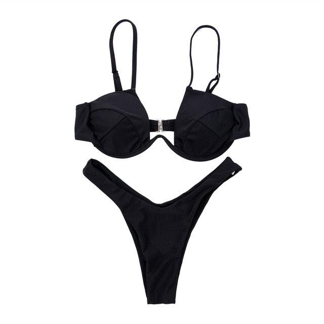 Push Up Unpadded Bikini Set Women 4 Colors Bandage Bikini Set Swimsuit Thong Bottom Swimwear Two Pieces Plain Bikini Bathing Suit Swimwear Bathing Stevvex