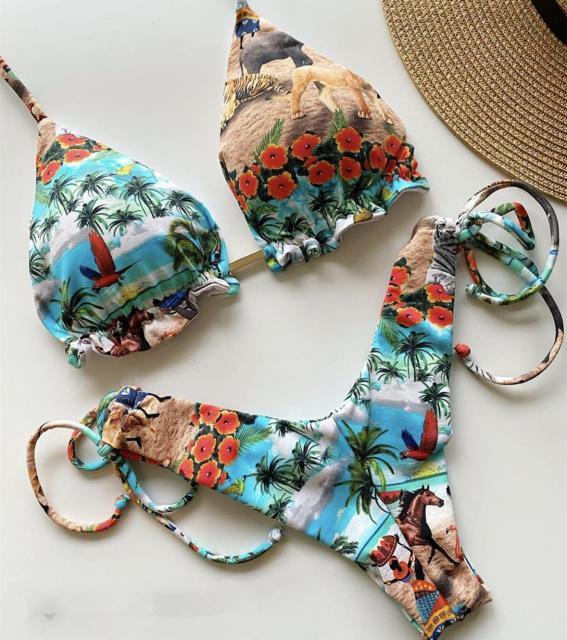 Tassel Leaves Print Woman Swimsuit Women's Two Piece Swimsuit Floral Print Bikini Sets New Comfortable Beach Bikini Bathing Suit Halter Triangle Lace Up Swimwear For Women Stevvex