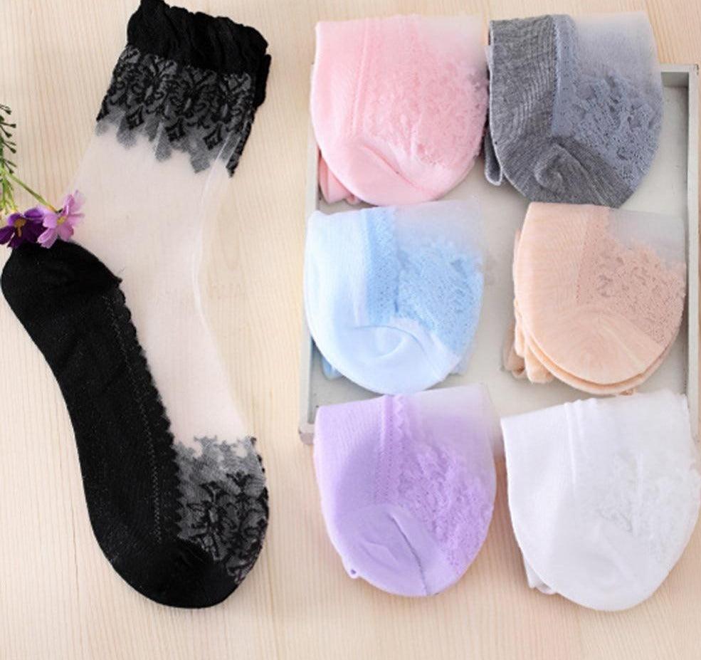 Summer Ladies Lace Embroidery Silk Transparent Glass Crystal Stretch Women Socks Breathable See Through Socks Ankle Socks For Women Stevvex