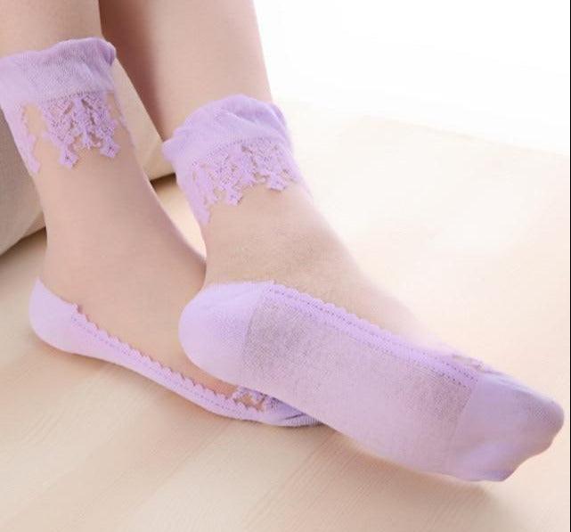 Summer Ladies Lace Embroidery Silk Transparent Glass Crystal Stretch Women Socks Breathable See Through Socks Ankle Socks For Women Stevvex