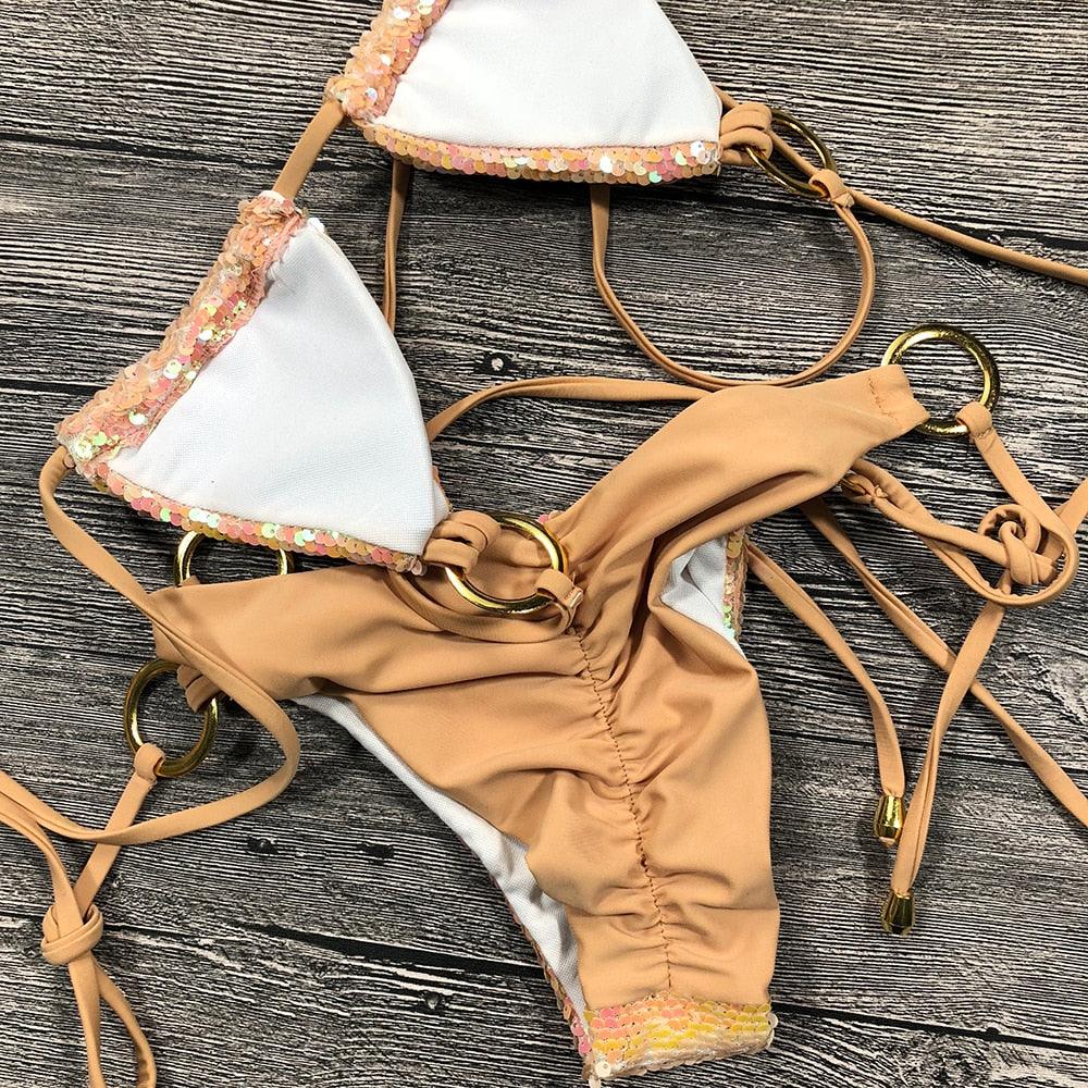 Shiny Solid Bikini Swimsuit Halter Swimwear Bathing Suit Women Bling Sequin Bikini Set Beach Wear Women Shiny Bikini Micro String Two Pieces Swimsuit Female Summer Swimwear Stevvex