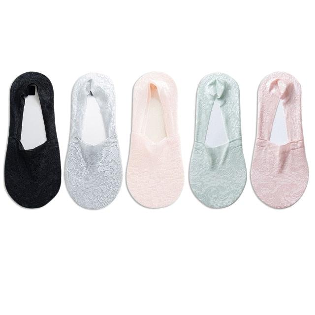 5 Pairs Fashion Women Girls Summer Socks 7 Color Style Lace Flower Short Sock Antiskid Invisible Ankle Socks For Women Stevvex