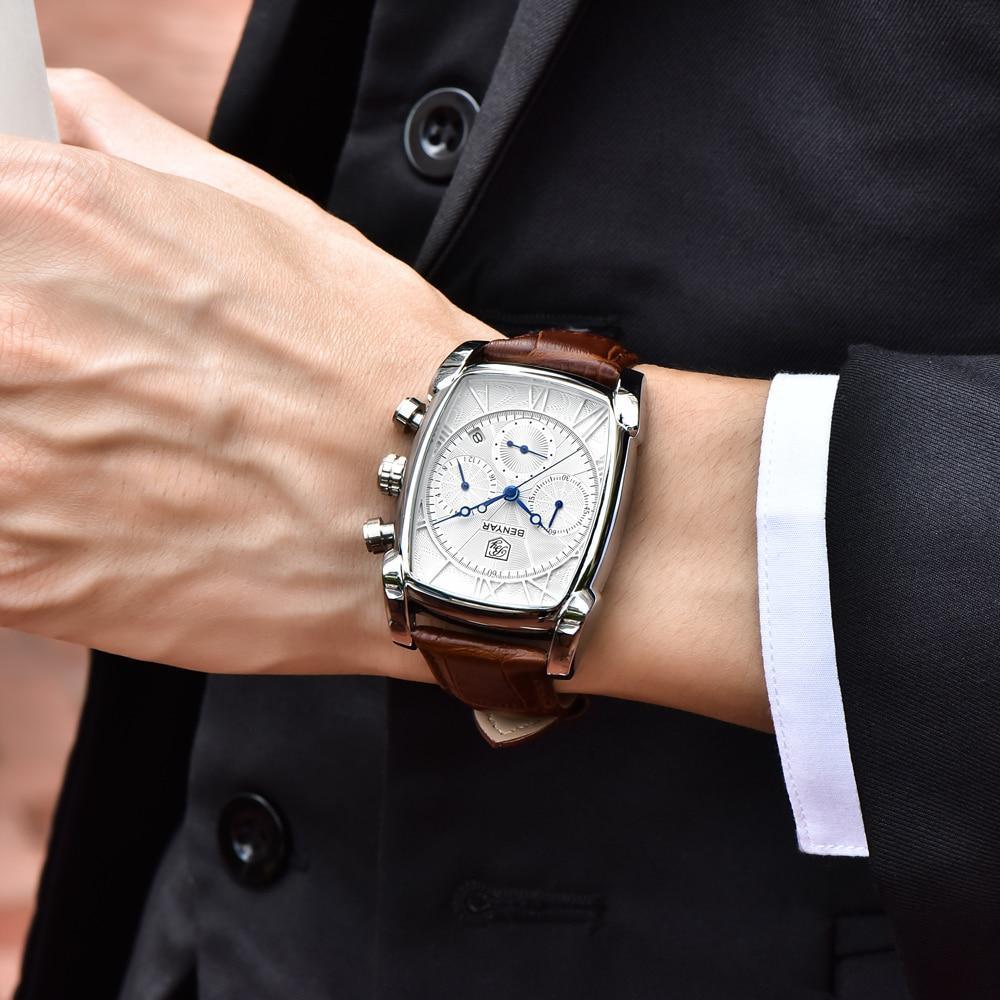 Classic Rectangle Waterproof Case Vintage Design Luxury Watches Leather Strap Business Casual Analog Wrist Watch For Men Stevvex