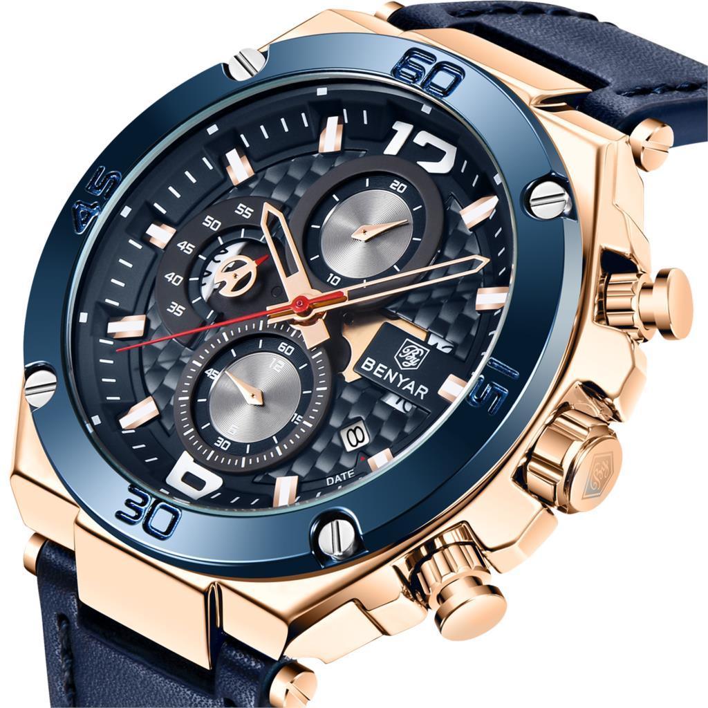 Multifunction Luxury 2021 Men's Watch Quartz Genuine Leather Strap Sport Chronograph Waterproof Men Wrist Watch Stevvex