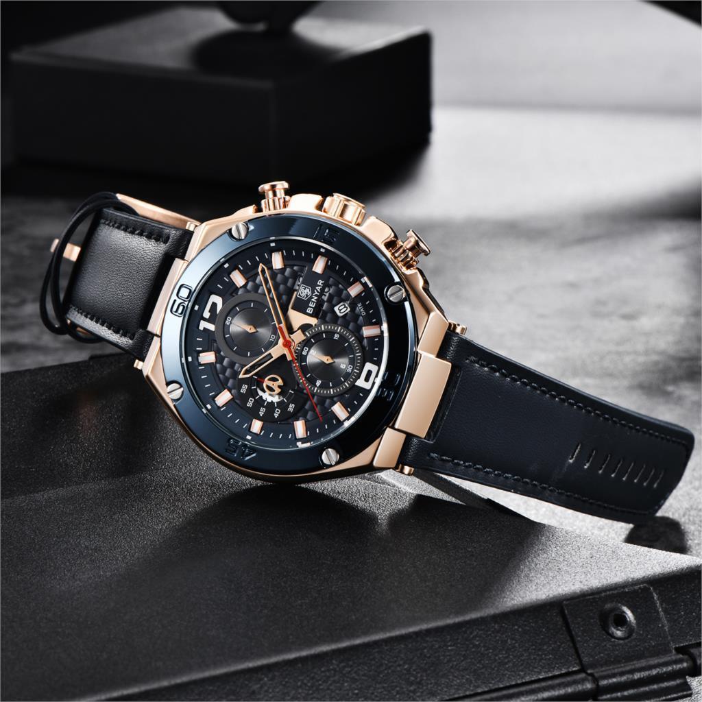 Multifunction Luxury 2021 Men's Watch Quartz Genuine Leather Strap Sport Chronograph Waterproof Men Wrist Watch Stevvex