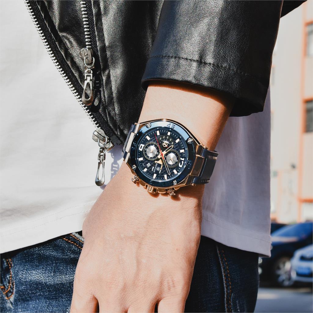 Multifunction Luxury 2021 Men's Watch Quartz Genuine Leather Strap Sport Chronograph Waterproof Men Wrist Watch Stevvex