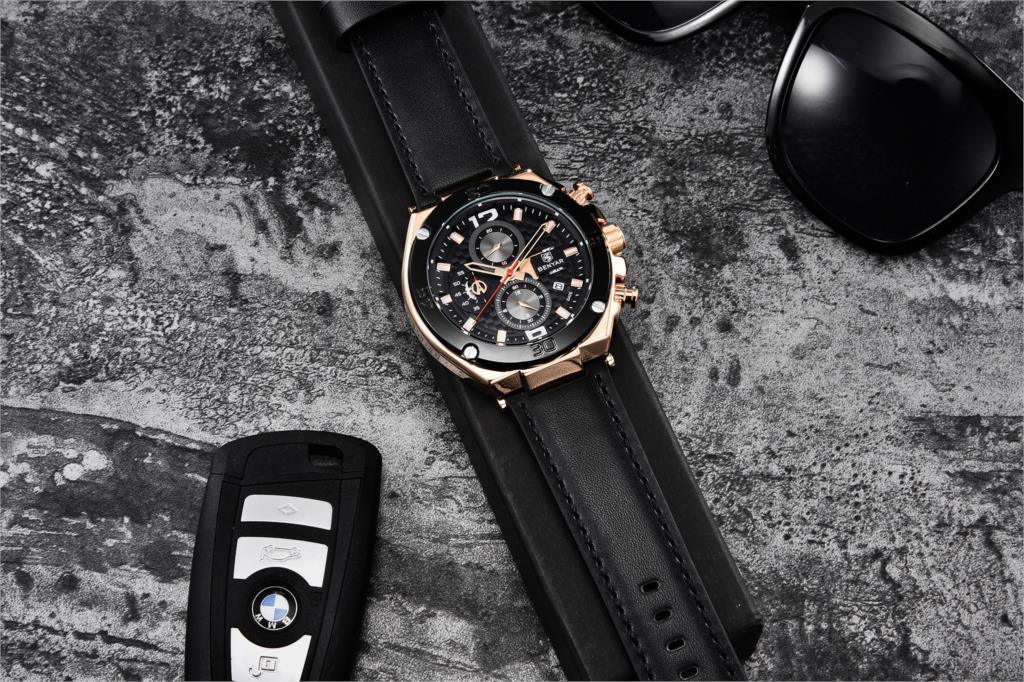 Multifunction Luxury 2021 Men's Watch Quartz Genuine Leather Strap Sport Chronograph Waterproof Men Wrist Watch Stevvex