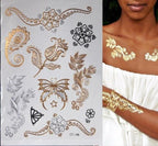 Luxury Flash Metallic Waterproof Temporary Tattoo Gold Silver Flower Tattoo Sticker Long Lasting Gold Design For Womens Stevvex