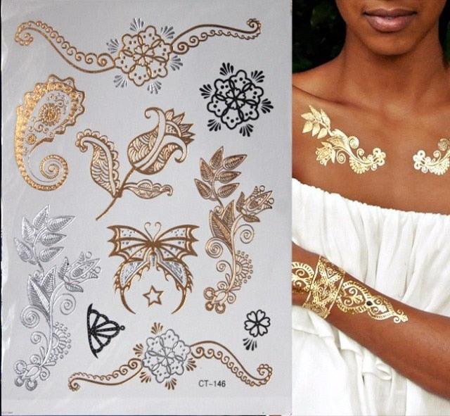 Luxury Flash Metallic Waterproof Temporary Tattoo Gold Silver Flower Tattoo Sticker Long Lasting Gold Design For Womens Stevvex