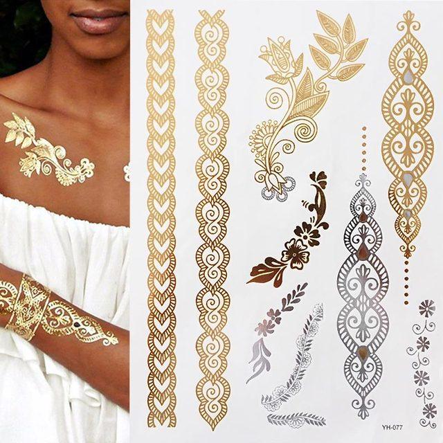 Luxury Flash Metallic Waterproof Temporary Tattoo Gold Silver Flower Tattoo Sticker Long Lasting Gold Design For Womens Stevvex