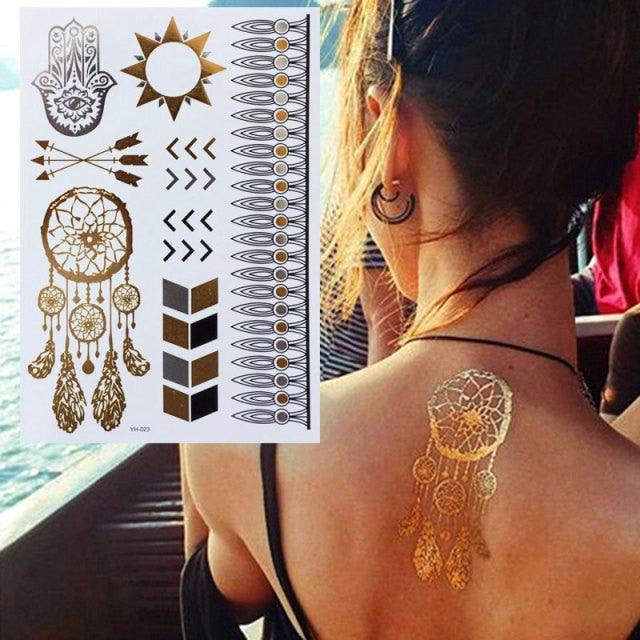 Luxury Flash Metallic Waterproof Temporary Tattoo Gold Silver Flower Tattoo Sticker Long Lasting Gold Design For Womens Stevvex