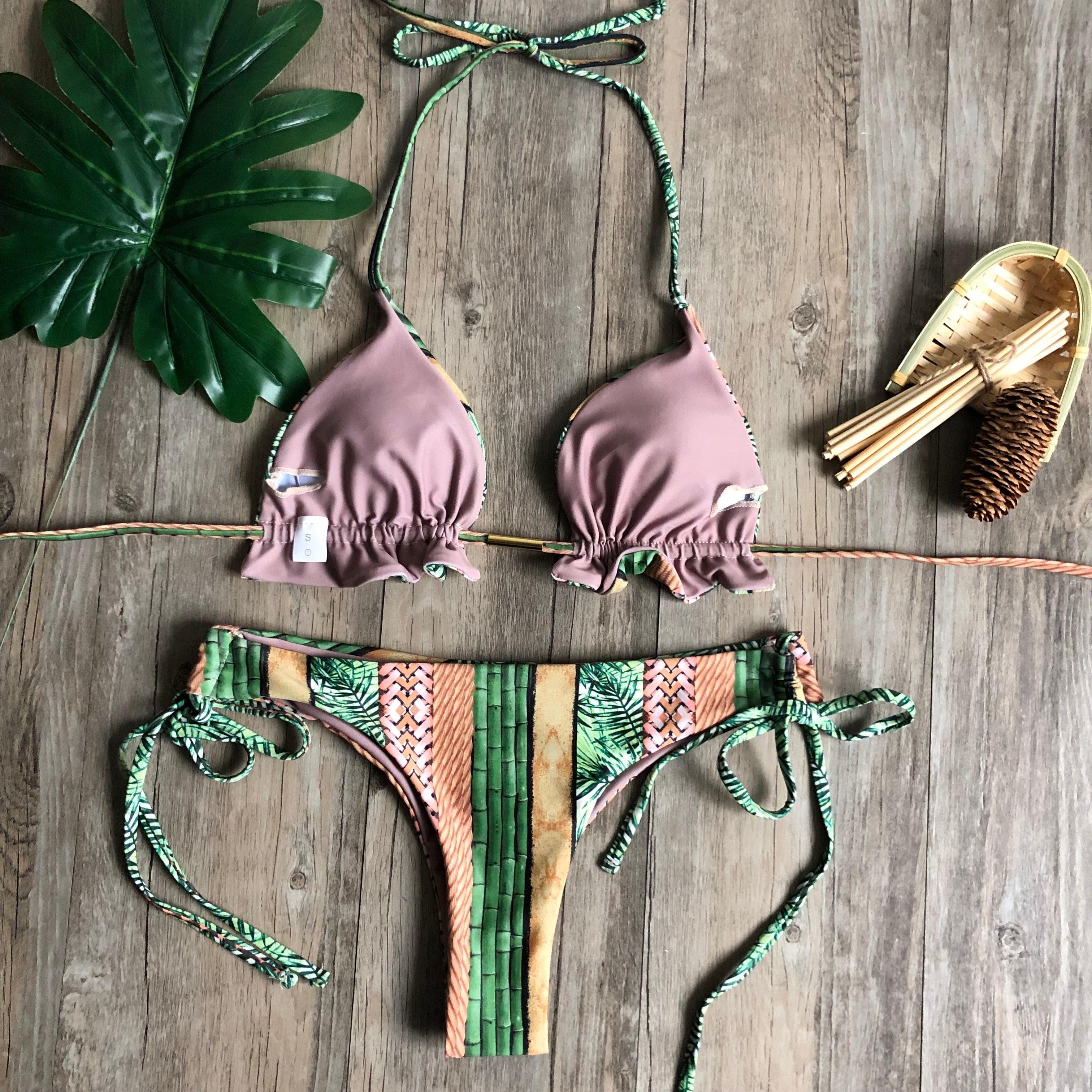 Women Push-up Bikini Swimwear Adjustable Swimsuit Bathing Suit Beachwear Women's Tie Bikini Lace Up Bottom String Swimsuit Bandage Swim Beach Wear Summer Comfortable Bikini Set Stevvex