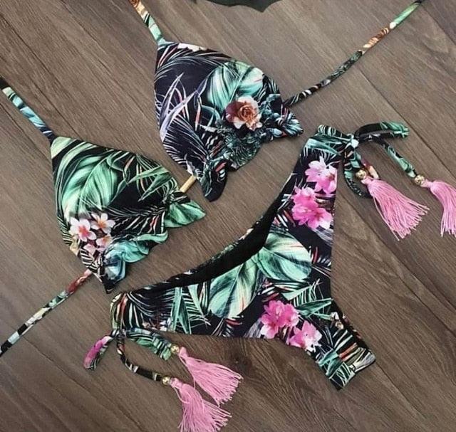 Women Push-up Bikini Swimwear Adjustable Swimsuit Bathing Suit Beachwear Women's Tie Bikini Lace Up Bottom String Swimsuit Bandage Swim Beach Wear Summer Comfortable Bikini Set Stevvex
