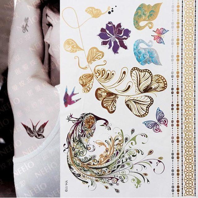 Luxury Metallic Gold Waterproof Temporary Tattoo Feather Elephant Fashion Different Design Tattoos For Womens Stevvex