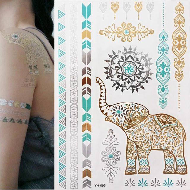 Luxury Metallic Gold Waterproof Temporary Tattoo Feather Elephant Fashion Different Design Tattoos For Womens Stevvex