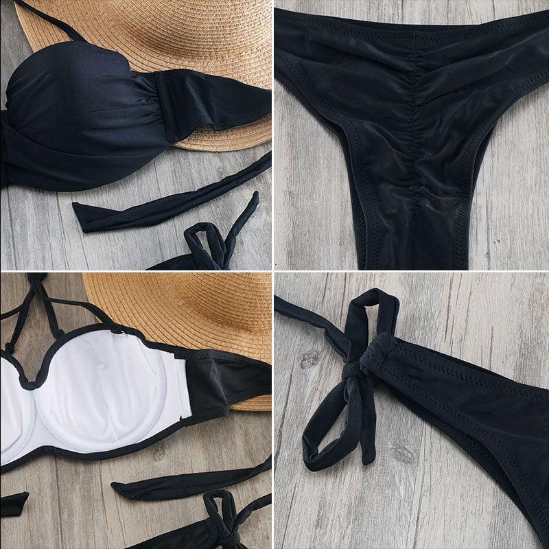 Bikini Solid Strappy Bandage Bikinis Set White Push Up Bikini Swimwear Swimsuit Bathing Suit Women's Ribbed Tie Bikini Adjustable Lace Up Bottom String Women Swimsuit Stevvex