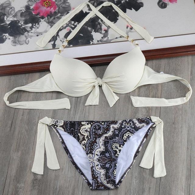 Bikini Solid Strappy Bandage Bikinis Set White Push Up Bikini Swimwear Swimsuit Bathing Suit Women's Ribbed Tie Bikini Adjustable Lace Up Bottom String Women Swimsuit Stevvex