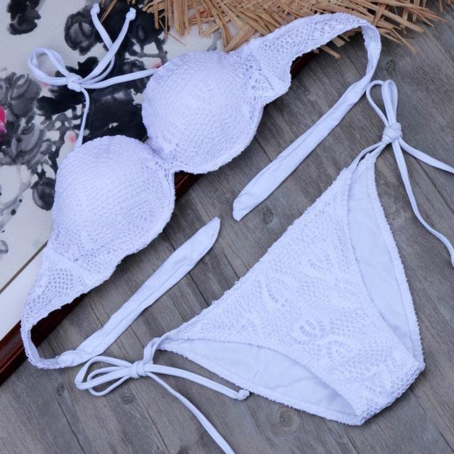 Bikini Solid Strappy Bandage Bikinis Set White Push Up Bikini Swimwear Swimsuit Bathing Suit Women's Ribbed Tie Bikini Adjustable Lace Up Bottom String Women Swimsuit Stevvex