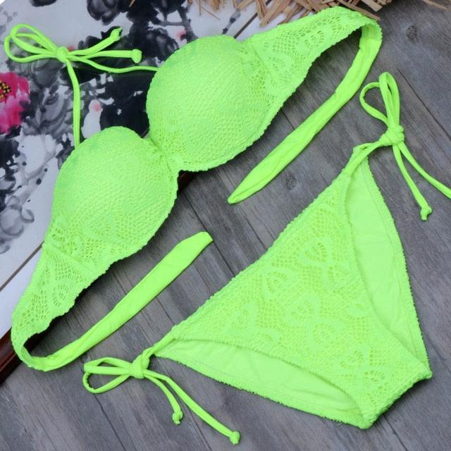 Bikini Solid Strappy Bandage Bikinis Set White Push Up Bikini Swimwear Swimsuit Bathing Suit Women's Ribbed Tie Bikini Adjustable Lace Up Bottom String Women Swimsuit Stevvex