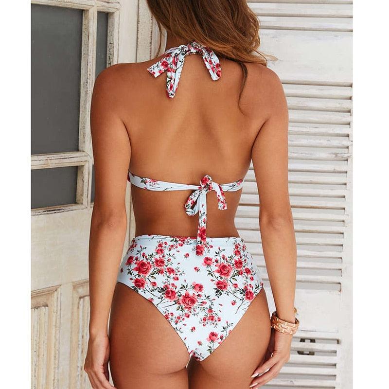 Beautiful Multicolored Women High Waist Bikini Swimwear Women Halter Push Up Bikini Set Swimsuit Women's Flower Print Bikini High Waist Beach Swimsuits Sporty Two Piece Bathing Suit Female Beach Wear Bathing Suit Stevvex