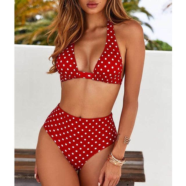 Beautiful Multicolored Women High Waist Bikini Swimwear Women Halter Push Up Bikini Set Swimsuit Women's Flower Print Bikini High Waist Beach Swimsuits Sporty Two Piece Bathing Suit Female Beach Wear Bathing Suit Stevvex