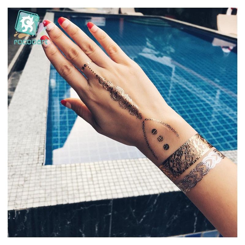 Luxury Metallic Temporary Tattoo Gold Silver Flower Sticker Long Lasting Gold Design For Womens Stevvex