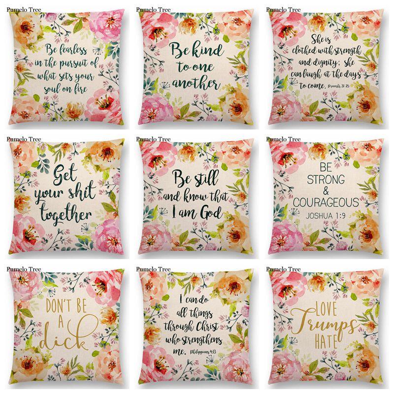 Newest Floral Quotes Decorative Pillow Covers Fresh Flowers Garland Inspirational Words Decorative Cotton Linen Throw Pillow Cushion Covers And Gifts For Women Daughter Mum Best Friend Birthday Home Decorations Stevvex