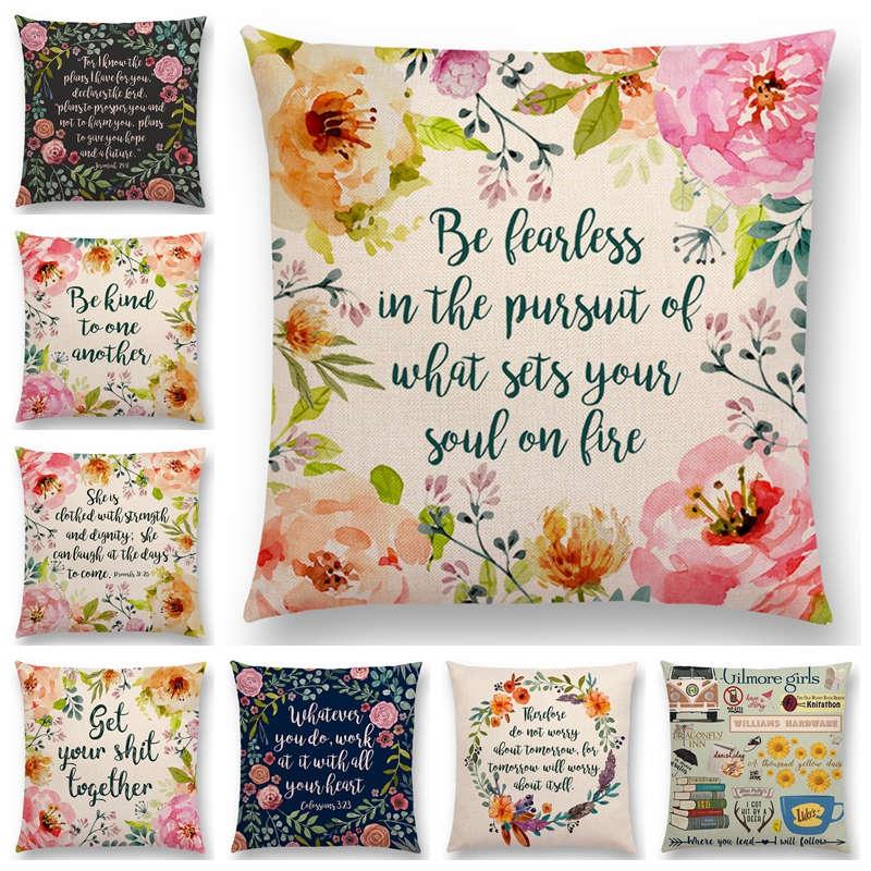 Newest Floral Quotes Decorative Pillow Covers Fresh Flowers Garland Inspirational Words Decorative Cotton Linen Throw Pillow Cushion Covers And Gifts For Women Daughter Mum Best Friend Birthday Home Decorations Stevvex