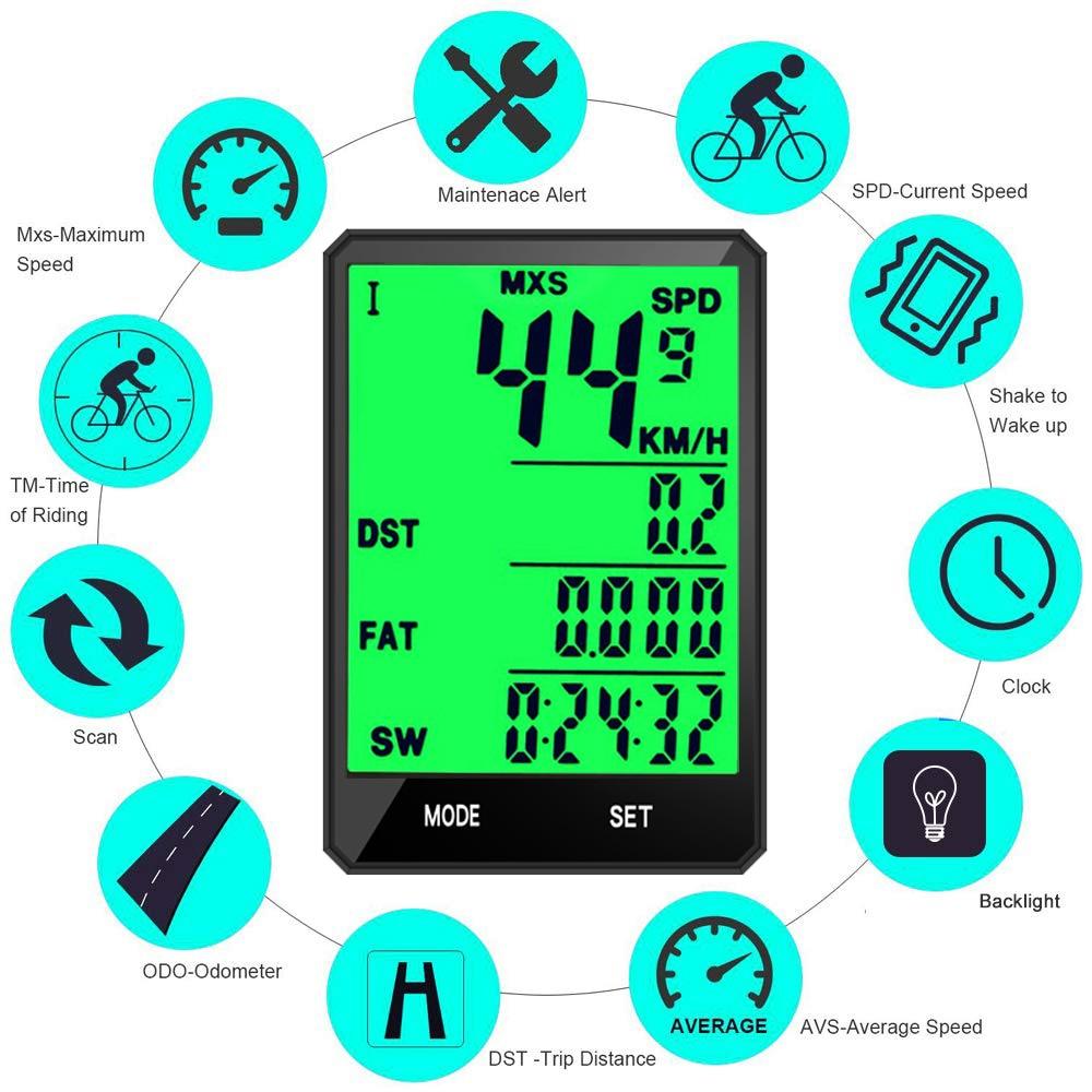 Waterproof Bicycle Computer Wireless And Wired Bike Cycling Odometer Stopwatch Speedometer Bicycle Speedometer With LCD Display 20 Functions And Automatic Wake-up Stevvex