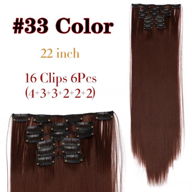 New Fashion 16 Clip In Hair Extension Long Straight Natural Black 6 Pcs/Set 16 Clips 22 Inch Synthetic Hair Piece Wigs For Black Women Cosplay Wigs For Women Stevvex