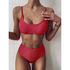 Glitter Sparkling Female Swimsuit High Waist Bikini Women's High Waist Bikinis Party Glitter Scoop Neck Crop Top Swimsuits Two Piece Bathing Suit Women Swimwear Two-pieces Bikini Set Summer Swim Suit Stevvex
