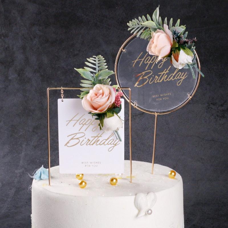1Pcs Metal Happy Birthday Cake Topper Artificial flowers Cake Toppers Happy Birthday Cake Topper Metal And Acrylic Cake Decoration With Pink Artificial Flower Cluster For DIY Baby Shower Birthday Party Decoration Baking Decor Stevvex