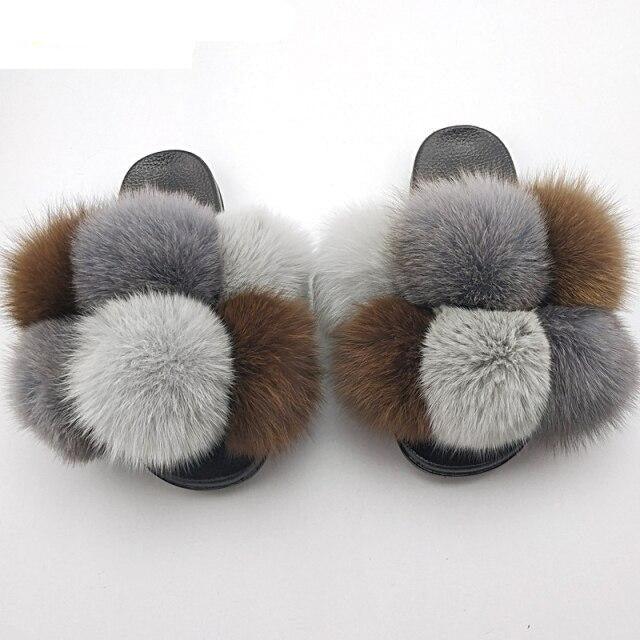 Women Fox Fur Slides Home Beautiful Flat Sandals Female Cute Fluffy House Woman Fur Fluffy Slippers Furry Slides Summer Sandals Open Toe Indoor Outdoor Comfortable Slides Sandals Stevvex