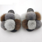 Women Fox Fur Slides Home Beautiful Flat Sandals Female Cute Fluffy House Woman Fur Fluffy Slippers Furry Slides Summer Sandals Open Toe Indoor Outdoor Comfortable Slides Sandals Stevvex