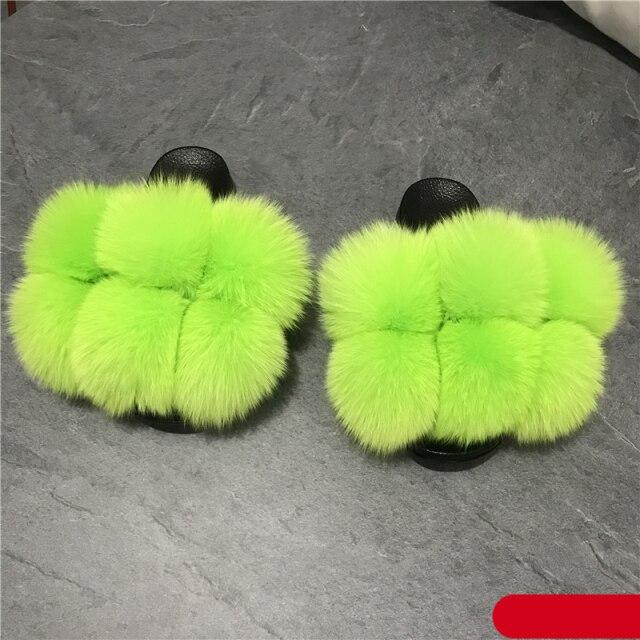 Women Fox Fur Slides Home Beautiful Flat Sandals Female Cute Fluffy House Woman Fur Fluffy Slippers Furry Slides Summer Sandals Open Toe Indoor Outdoor Comfortable Slides Sandals Stevvex