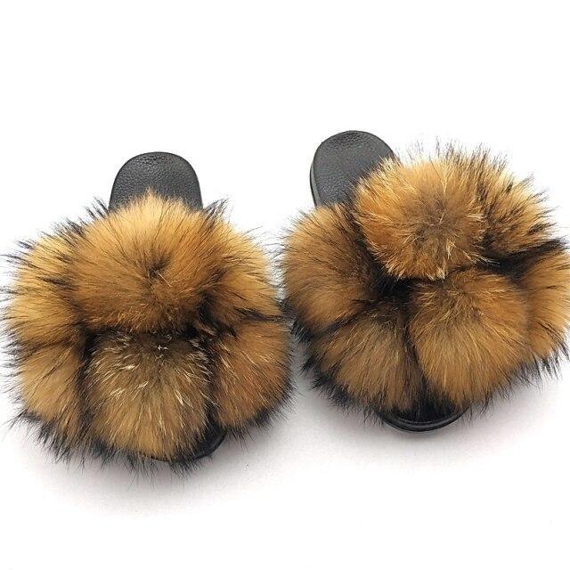 Women Fox Fur Slides Home Beautiful Flat Sandals Female Cute Fluffy House Woman Fur Fluffy Slippers Furry Slides Summer Sandals Open Toe Indoor Outdoor Comfortable Slides Sandals Stevvex