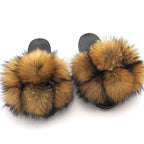 Women Fox Fur Slides Home Beautiful Flat Sandals Female Cute Fluffy House Woman Fur Fluffy Slippers Furry Slides Summer Sandals Open Toe Indoor Outdoor Comfortable Slides Sandals Stevvex