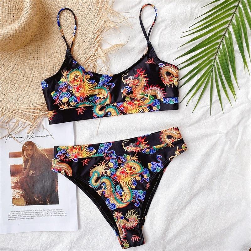Modern Blue High Waist Bikini Push Up Swimwear Women Dragon Printed Bikini Set Retro Swimsuit Women's High Waist Bikini Swimsuits Twist Push Up Two Piece Bathing Suits Tummy Control Swimwear Stevvex