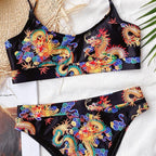Modern Blue High Waist Bikini Push Up Swimwear Women Dragon Printed Bikini Set Retro Swimsuit Women's High Waist Bikini Swimsuits Twist Push Up Two Piece Bathing Suits Tummy Control Swimwear Stevvex